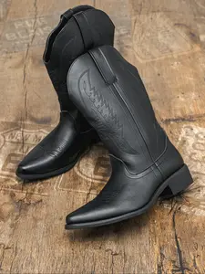 Men's Pointed Toe Low Heel Comfortable Rubber High Boots, Fashion Classic Embroidered Western Cowboy Boots, Stylish Casual Shoes