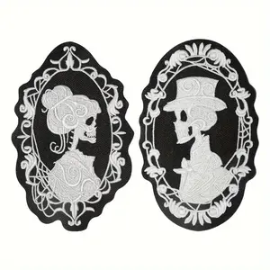 Iron-On Embroidered Patches #Summervibes, Gothic Style White Skull Couple Design, Retro Punk Appeal, Valentine's Day DIY Clothing Accessory