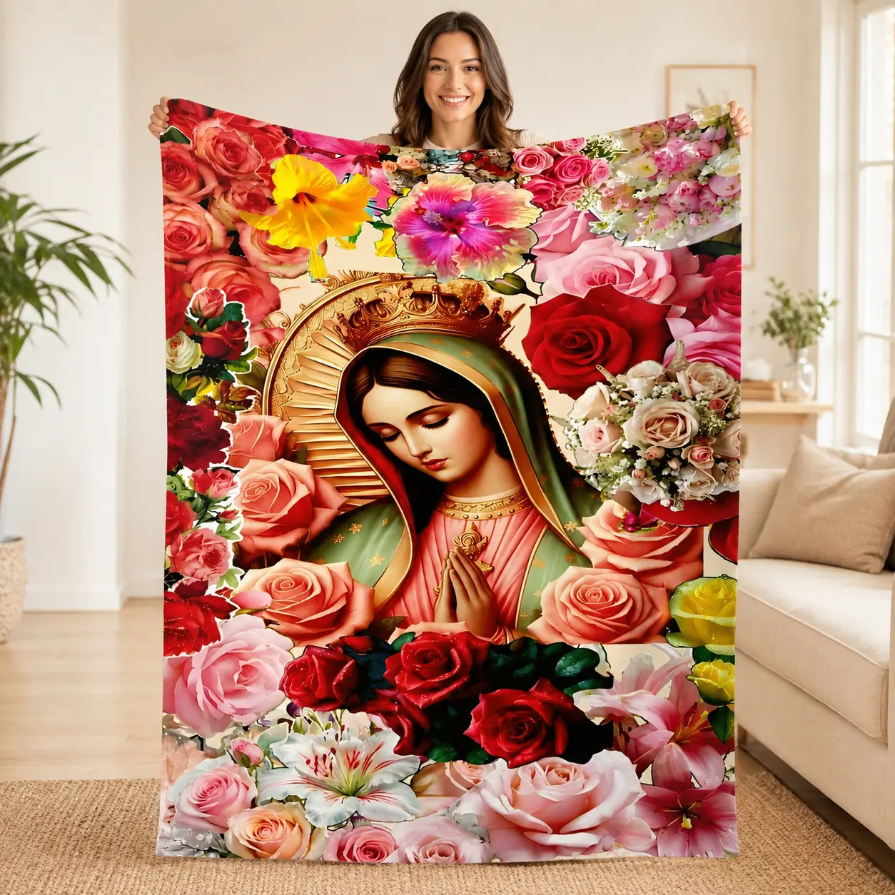 Virgin Mary Floral Print Flannel Blanket, Soft Durable Religious Bedspread With Rose And Lily Design, Colorful Faith Blanket Suitable For Bed Sofa Office Outdoor Use, Catholic Christian Home Decor Prayer Space Accent