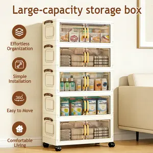 18.7in Foldable  Box with Lid, 5 layers Holders with Wheels for Kitchen Bedroom Bathroom Warehouse Kitchen Home  Stackable  clear