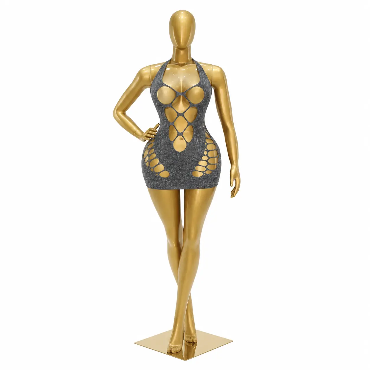 Eclat Noir Women's Sleeveless Slim-Fitting Metallic Silver Halter Neck 1-Piece Bodysuit, Chic Cutout Design for Party Wear