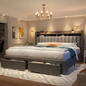 Dark Grey Upholstered Platform Bed Frame - Queen/King Size Bed Frame with 2-Tier Storage Headboard, 2 Storage Drawers, Sturdy Wooden Slats Support, Noise-Free Design, No Box Spring Needed