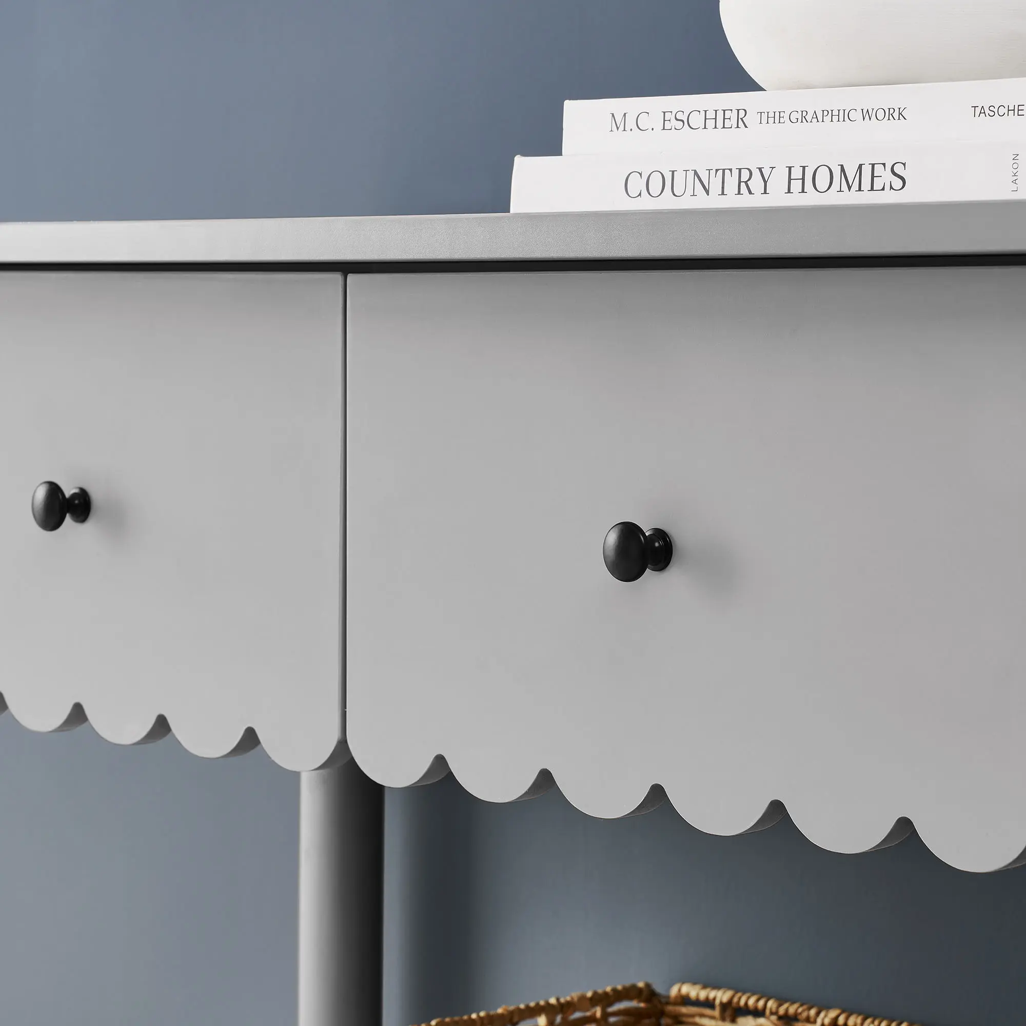 Emmeline 3-Drawer Scalloped Console Table in Light Gray
