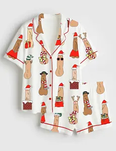 Women’s Funny Christmas Vibes Inappropriate Peni Balls Short Sleeve Satin Pajama Set #PersonalizedPjs #BambooPajamas #MatchingSets #VintageVibe #PajamaCore