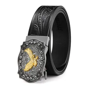 Men’s leather belt with a silver-tone pin buckle, featuring an embossed golden eagle design and a floral filigree band; it’s a rugged, stylish Western-style belt that makes an excellent gift for Valentine’s Day and Father’s Day.