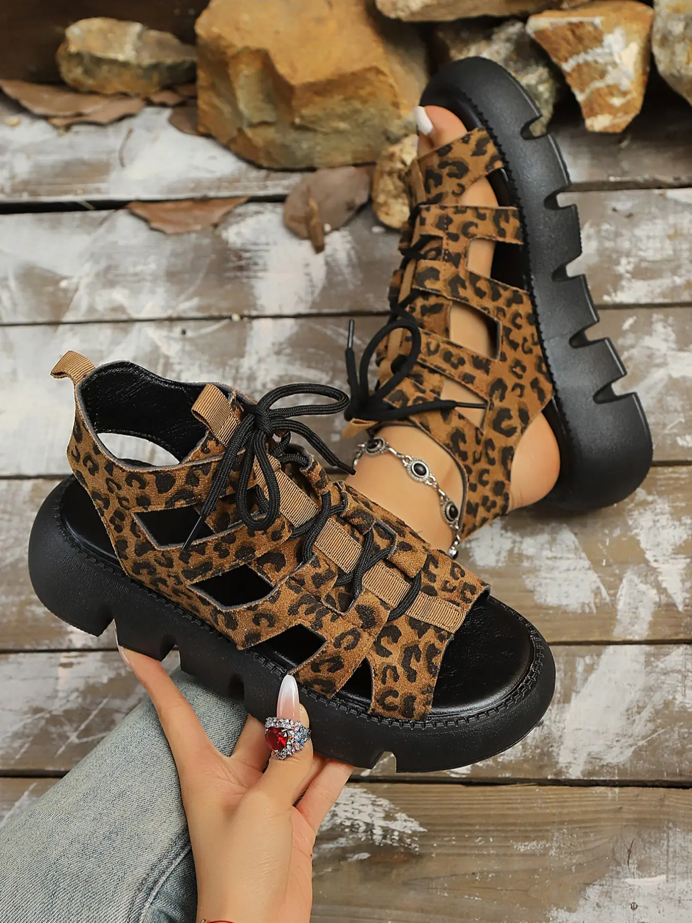 New Plus Size 36-42 Summer Fashion Casual Hollow Out Lace-Up Leopard Print Fish Mouth Roman Bohemian Trending Sandals for Women Bohemian Trendy Sandals
