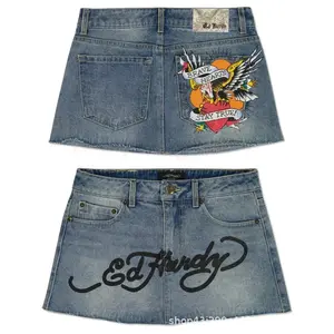 Y2K Graphic Denim Mini Skirt Women High Waist Streetwear Jean Skirt Edgy Skull Heart Print Vintage Washed Denim Short Skirt