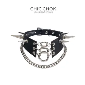 CHICCHOK Savage Queen Fashion Goth Spike Thick Chain Style Daily Wear Leather Necklace Choker Gothic Cross Cuban Link Statement Jewelry Black Cattle Hide & Zinc Alloy