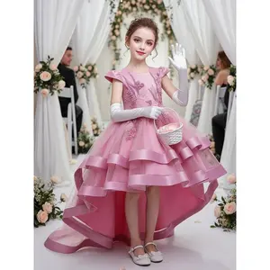 Girls' Princess Tutu Dress with Butterfly Sleeves, Embroidered Floral Design, Front Short Back Long Skirt, Party & Christmas Gown