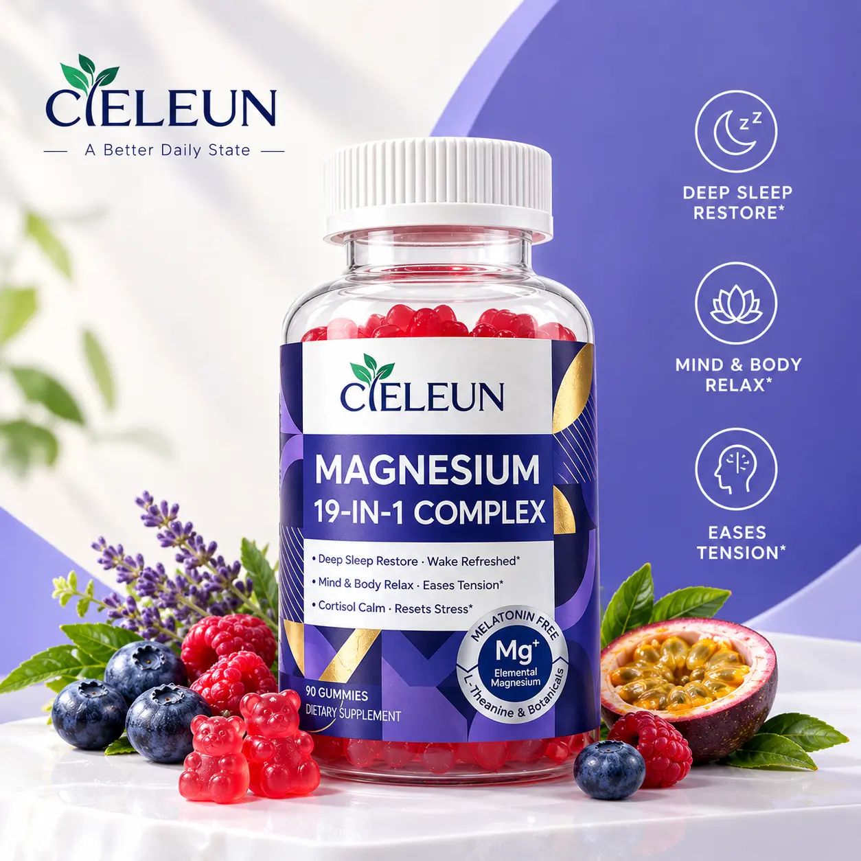 CIELEUN 19-IN-1 Magnesium Complex Gummies 90ct - Deep Sleep, Calm Mind, Cortisol Support - Vitamin D3, K2, B6, B12, Zinc + Ashwagandha, L-Theanine, GABA - Vegan, Sugar Free