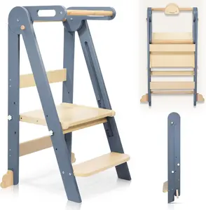 CONKKA Foldable Toddler Kitchen Wood Step Stool with Hook Pre-Assembled Wooden Folding Montessori Learning Helper for Kids Standing Tower with 3 Adjustable Height Stepping for Counter Sink Gray