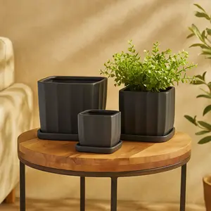 Set of 3 Ceramic Ribbed Indoor Outdoor Planter with Attached Saucer Set of 3 7", 6", 5"H