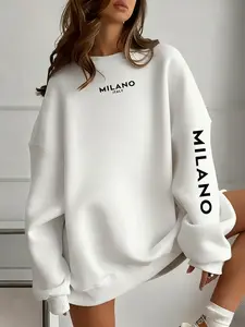 Women's Fleece-Lined Letter Print Sweatshirt, Tops, Womenswear, Casual Everyday Outdoor Round Neck Long Sleeve Pullover, Loose-Fitting Fall & Winter Fashion