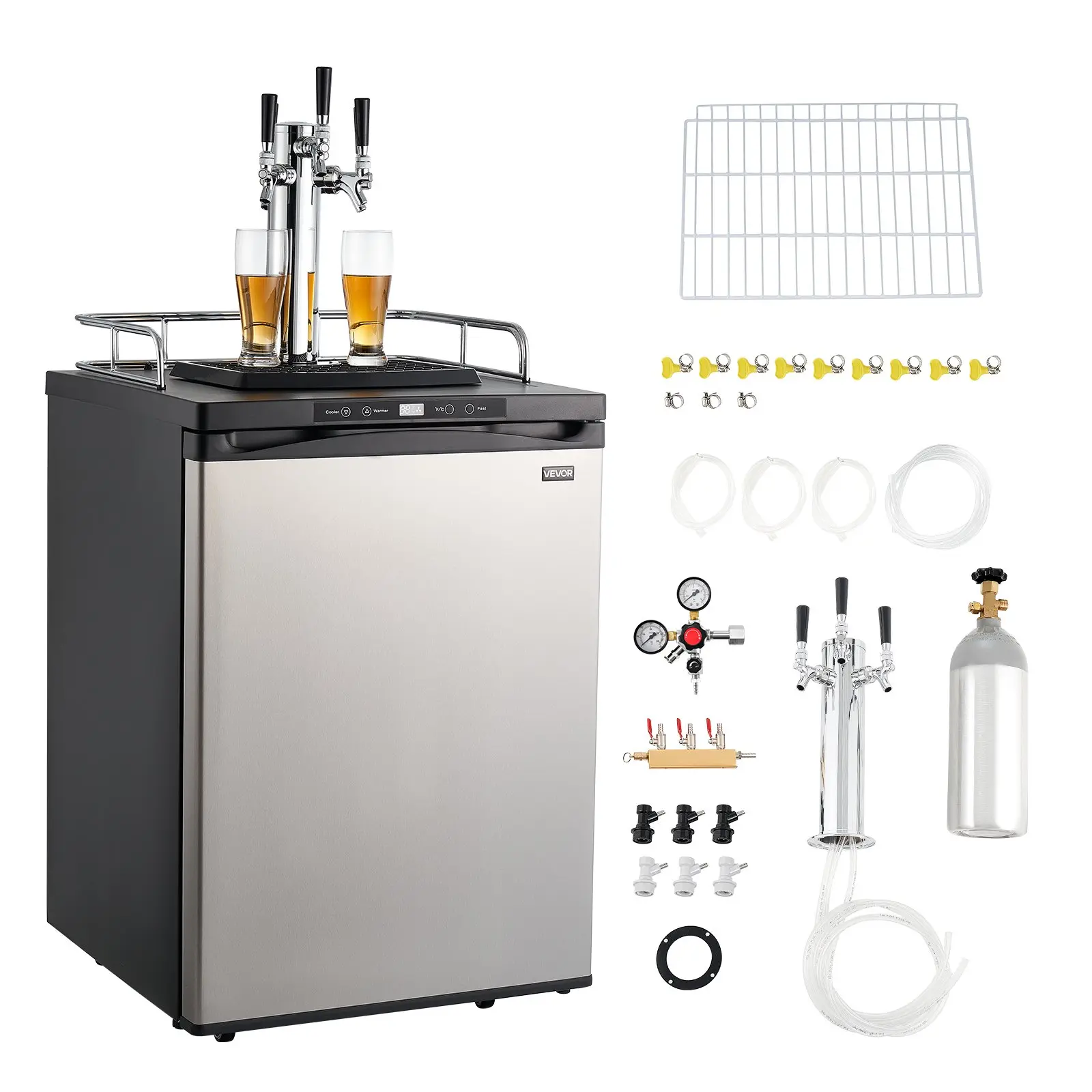 VEVOR Cooling Triple Tap Home Draft Beer Kegerator, Full-Size Ball Lock Keg Refrigerator with 5lbs CO2 Tank, Holds 2 Sixth/2 Slim/3 Ball Lock Kegs, 162L Capacity