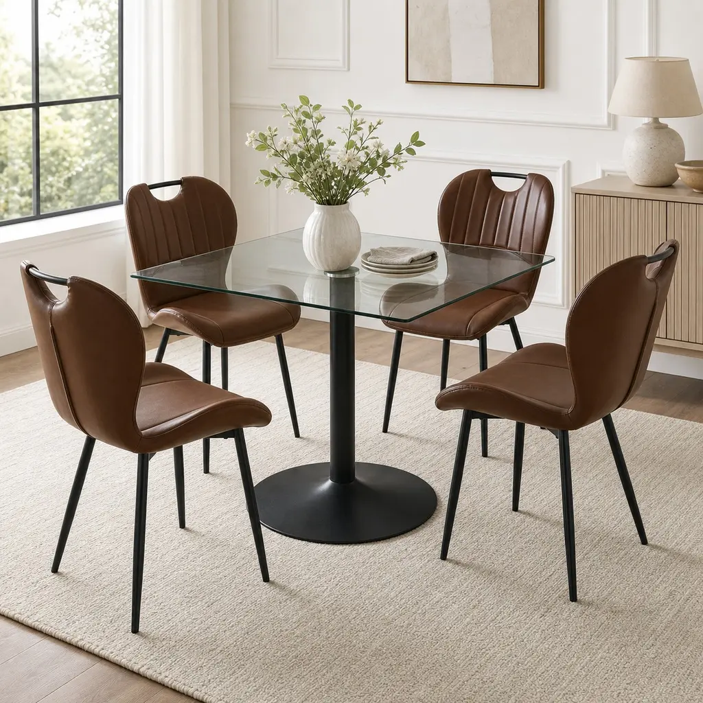 38.5in Square Glass Dining Table Set for 4 with Brown PU Chairs, Modern Minimalist Single-Column Metal Base, Black Metal Frame, Tempered Glass Top, Ergonomic Seat Height 20.7in, Compact Dining Room Furniture Set for Small Spaces