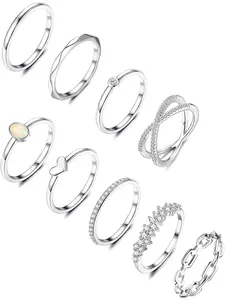 9PCS Silver Rings for Women Girls 14K Gold Plated Stackable Knuckle Rings Set CZ Heart Stacking Band Ring Simple Dainty Wedding Ring Comfort Fit Size L1/2-V1/2