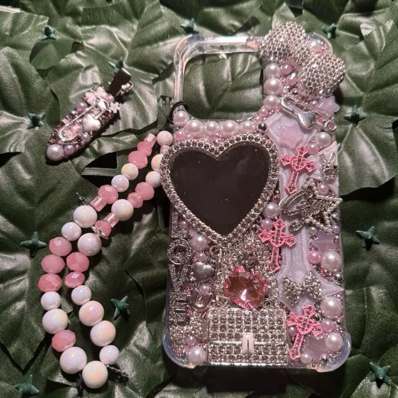 Pink and Silver Custom Junk Case Bundle for iPhone, Phone Accessories, Junk Hair Clip, Phone Charm, Y2K, Bling JunkCase, Nail Charm, Decoden