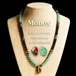 GEMRICH wealth necklace featuring a pendant set with green Dongling jade and tiger’s eye stone, infused with healing crystals; suitable for anniversary celebrations, vacations, and themed parties, and a gift that appeals to both men and women.