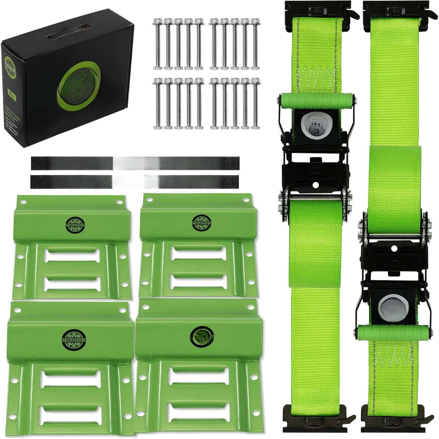 Heavy Duty Wheel Chock Tie Down Straps Set (2PK) - 4,400lb Guaranteed Max Break Strength, (2) 2" x 6' Trailer Tire Straps with (4) Wheel Chocks for ATV, UTV or