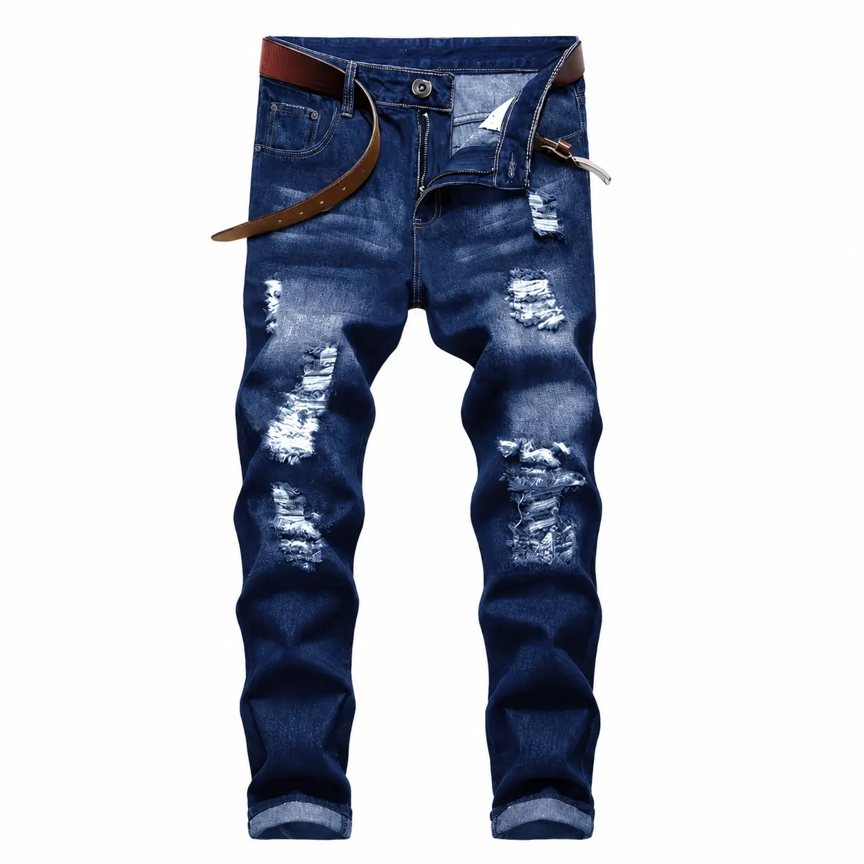 Men's Dark Blue Ripped Skinny Jeans, Stretch Slim Fit Distressed Denim Pants for Men, Washed Tapered Leg Streetwear Trousers with 5-Pocket Design, Zip Fly, Casual Fashion Jeans for Daily Wear, Night Out, Dating, Parties and All-Season Outfits Straight