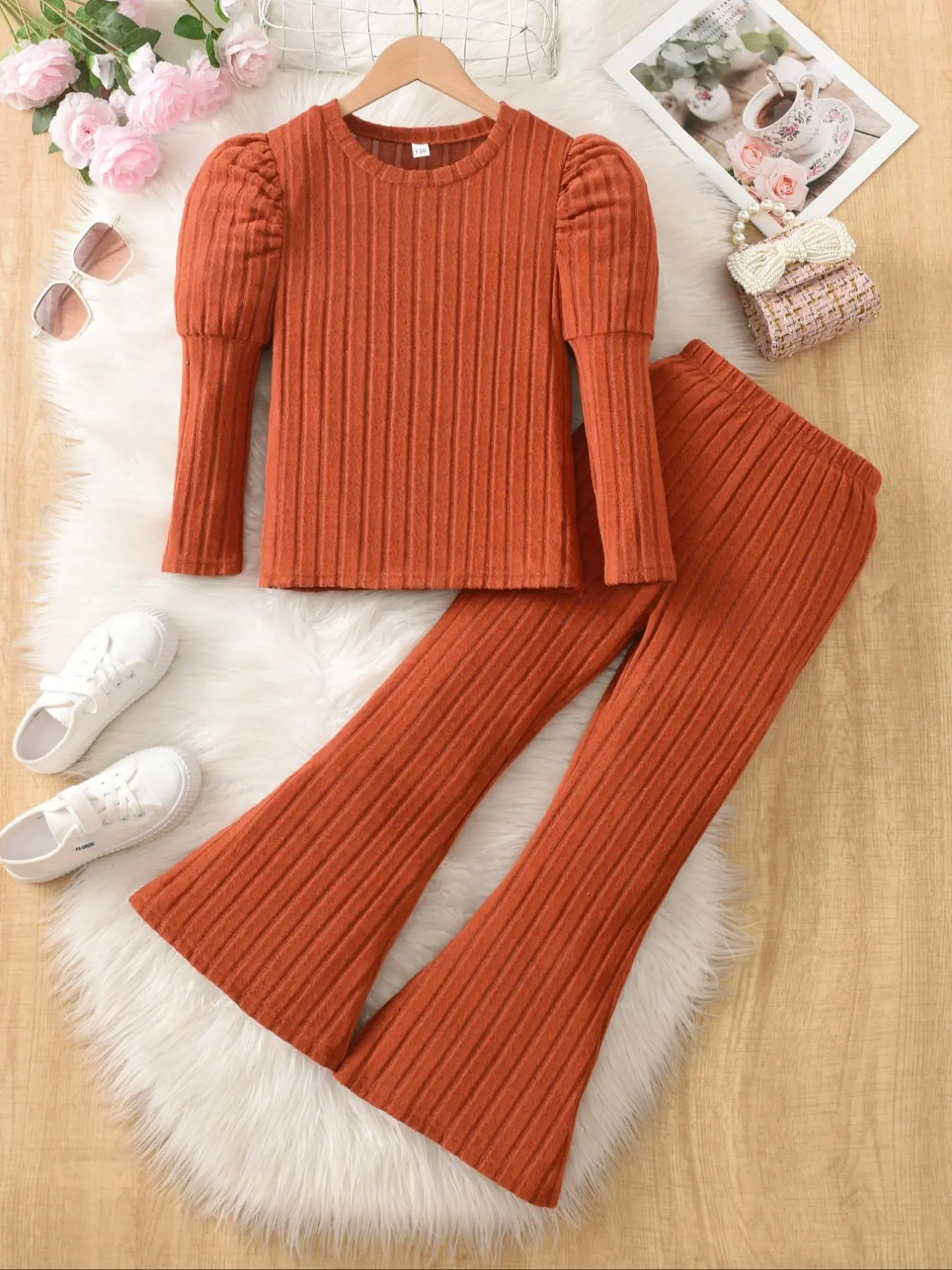 Two-Piece Set Girl's Solid Leg-of-mutton Sleeve Top & Flare Leg Pants, Casual Fashion Cozy Outfits for Daily Outdoor Wear, Girls Set for Fall & Winter