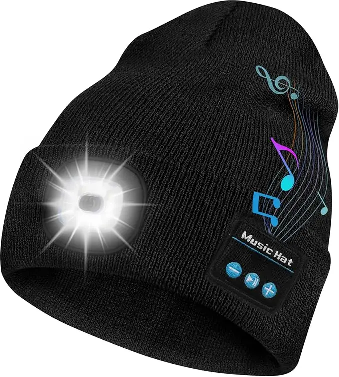 Bluetooth Beanie with LED Headlight,Unisex USB Rechargeable warm Hat LED Hat,Headlamp Cap with Headphones and Built-in Speaker Mic,for Music and Calling, sport,outdoor, Unique Christmas Birthday Gifts for Men Husband Teen