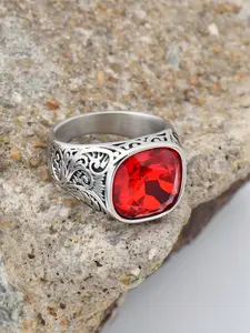 Boho Male Ring Silver Polish Multi-Color Gemstone 316L Steel Waterproof Flame Pattern Band Party Wedding Statement Ring