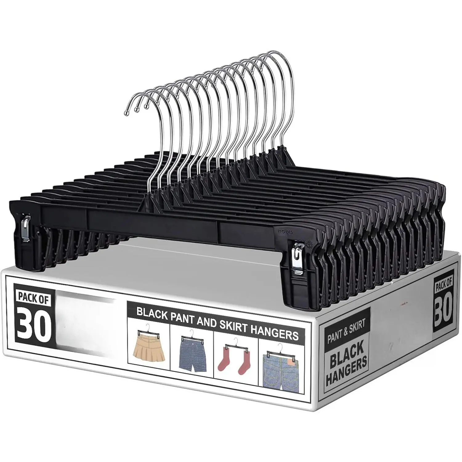 30-Pack Heavy Duty Sturdy Plastic Wardrobe Pants Hangers - 12 in Slim Hangers with Clips for Skirts, Shorts, Universal Mount Non-Slip Grip Swivel Hook Black Closet Organizers, Rotatable Clothes Hanger, Space Saving Hanger