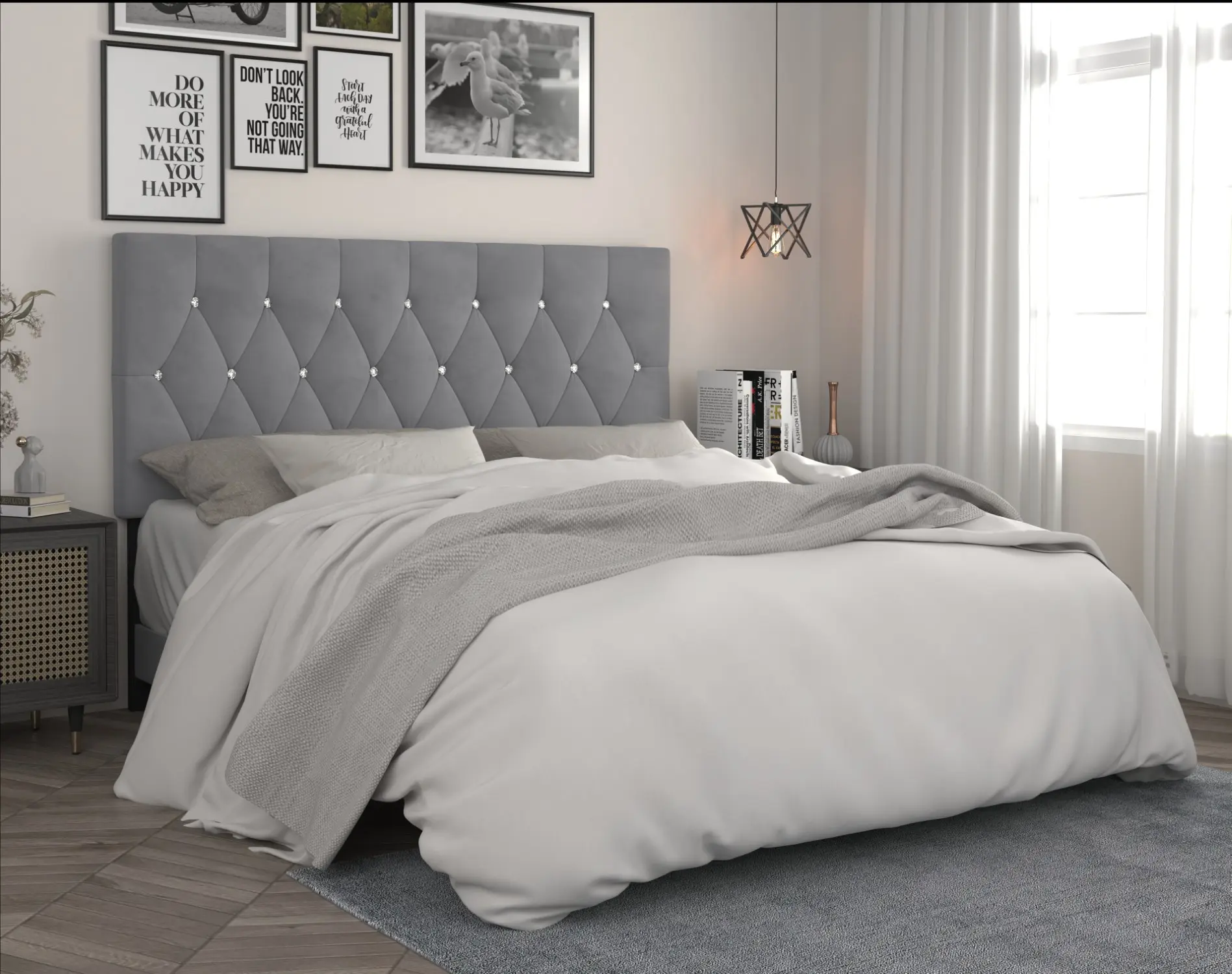 Favorer Concetta Diamond Tufted Velvet Upholstered Headboard, Silver Gray/Black/Blue/Pink