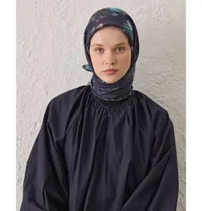 Patterned Viscose Cotton Square Hijab - Dahlia Navy Blue