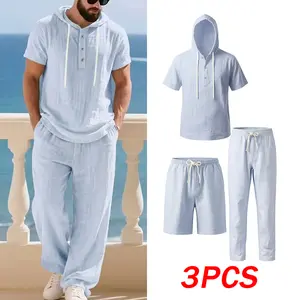 3-piece men’s loose casual short-sleeve set: hooded top + long pants + shorts combo. Breathable, drapey fabric, wrinkle-resistant and durable—an all-in-one outfit that’s easy to wear, suitable for summer commuting, home, and everyday wear across various s