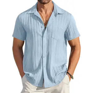 Men's casual button up shirt short sleeved textured summer beach shirt with pockets(Sheet)