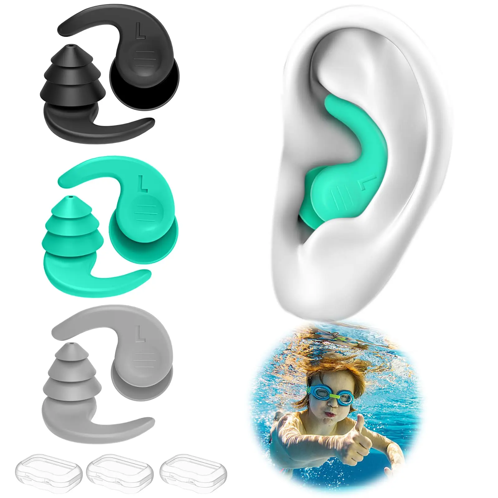 Kids Swimming Ear Plugs,3 Pairs Waterproof Reusable Silicone Child Swim Earplugs for Swimming Surfing Bathing Showering,Small Children Water Ear Plugs Suitable for Boys and Girls (Kids 6-14 Years Old)
