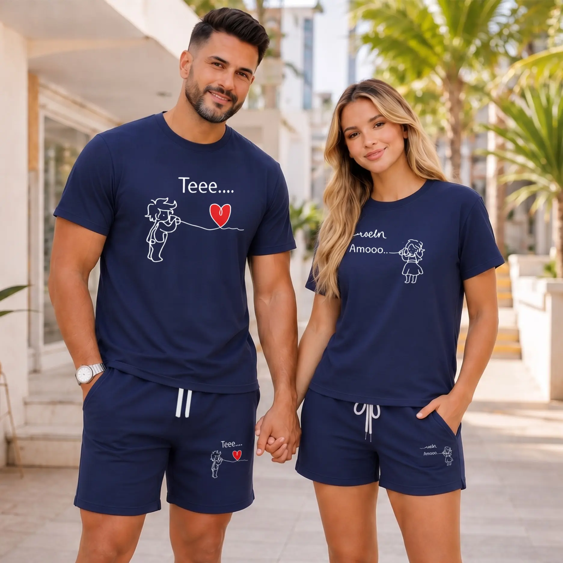 Couples’ Matching Love String Graphic Outfit, Short Sleeve T-Shirt and Shorts Set, Casual Summer Two-Piece Set for Beach and Travel