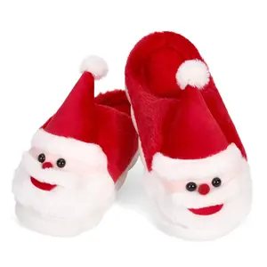 Female Cute Cartoon Santa Claus Fluffy Slippers Christmas Comfortable Cotton Indoor House Shoes Non-slip Warm Winter Home Slippers with 3D Santa Face Design