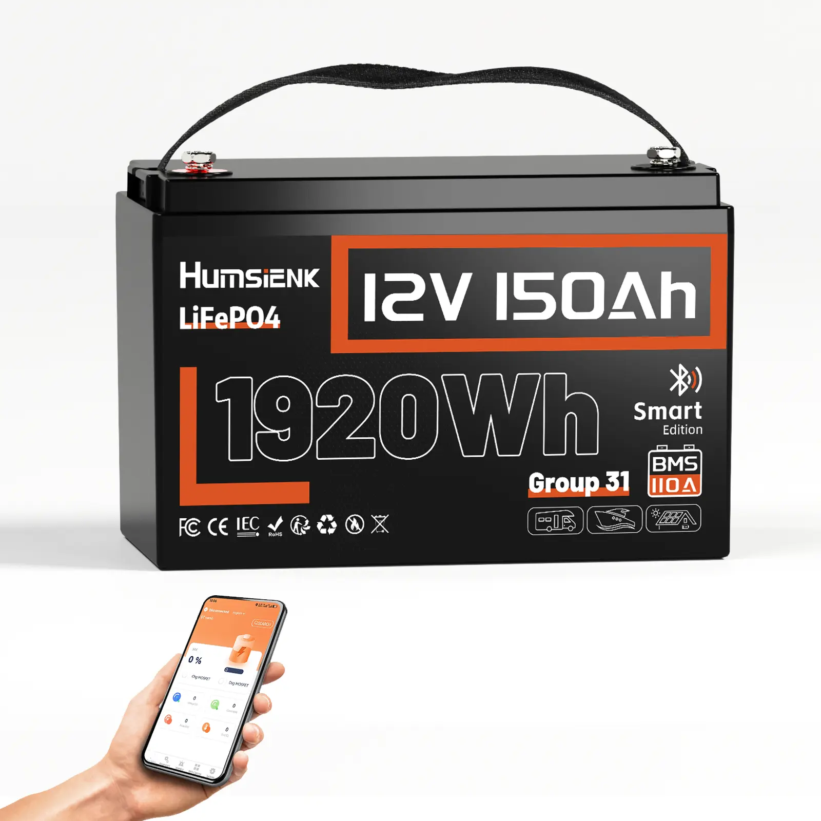 HumsiENK 12V 150Ah LiFePO4 Battery, Group 31, 15000+ Deep Cycles, Lithium Iron Phosphate Battery, Built-in 110A BMS, Portable Power Station for Home Backup Power, RV, Marine, Trolling Motors