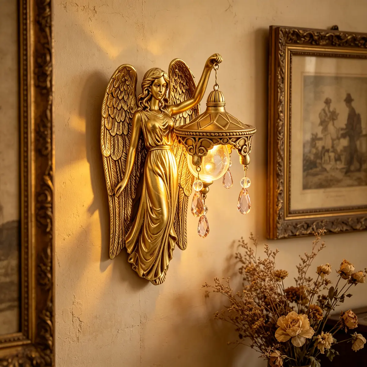 Gold Angel Dimmable Wall Sconce - Antique Metal Frame, Vintage Crystal Drop Sculpture, Gentle Glow LED Indoor Lighting, Decorative Lamp for Bedroom, Gothic Home Improvement Light (Batteries Compatible)