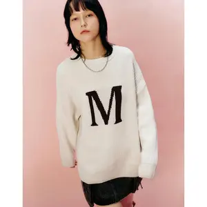 URBAN REVIVO Women's Thick Fabric Long Sleeve Sweater Knitwear - Casual Round Neck 2026 Viral Letter Print Jumper, Loose or Fit Options, Minimalist All-Seasons Top