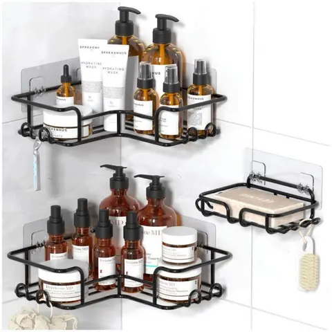 3-Count Black Metal Bathroom Corner Organizer Set, Wall-Mount Storage Racks with Modern Hollow Drain Design, Waterproof Rust-Proof Soap Holders, Home Essential, Father's Day Gift Idea