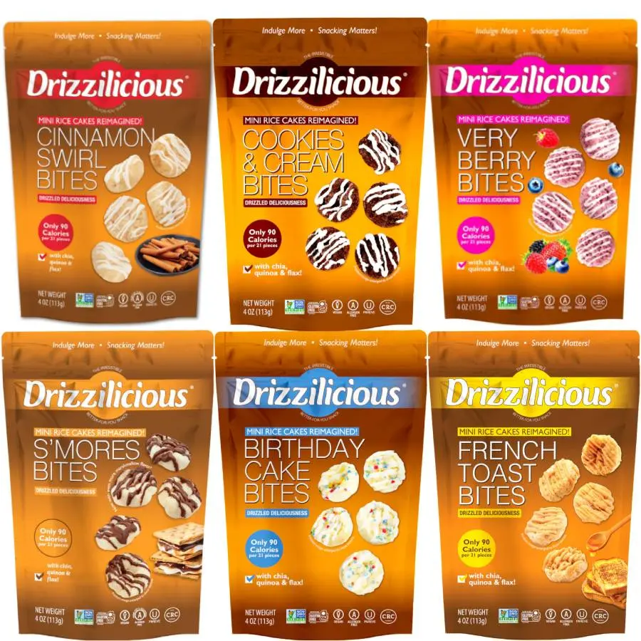 Drizzilicious Mini Rice Cakes 6 Pack – Cinnamon Swirl, Cookies & Cream, Very Berry, French Toast, Birthday Cake & S’mores | 4 oz Bags (2 lb Total) | Snack Rice Crispy Chocolate Crunchy Flavors