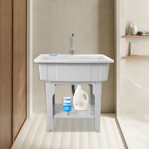 SHANGMAKEL Freestanding Plastic Laundry Sink with Washboard, 360° Rotating Faucet and 154lb Capacity Wash Basin, Grey for Garage, Basement
