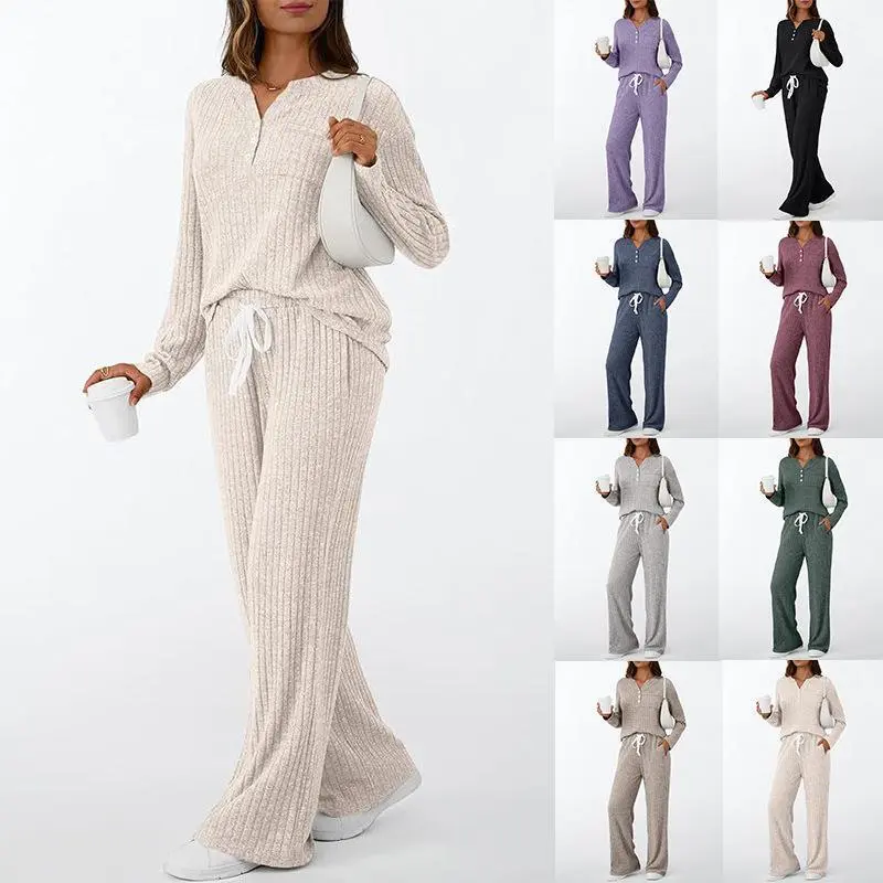 NewWomen's two-piece casual outfit - V-neck buttoned knitted top, sweatpants, sports outfit (with pockets), home wear set