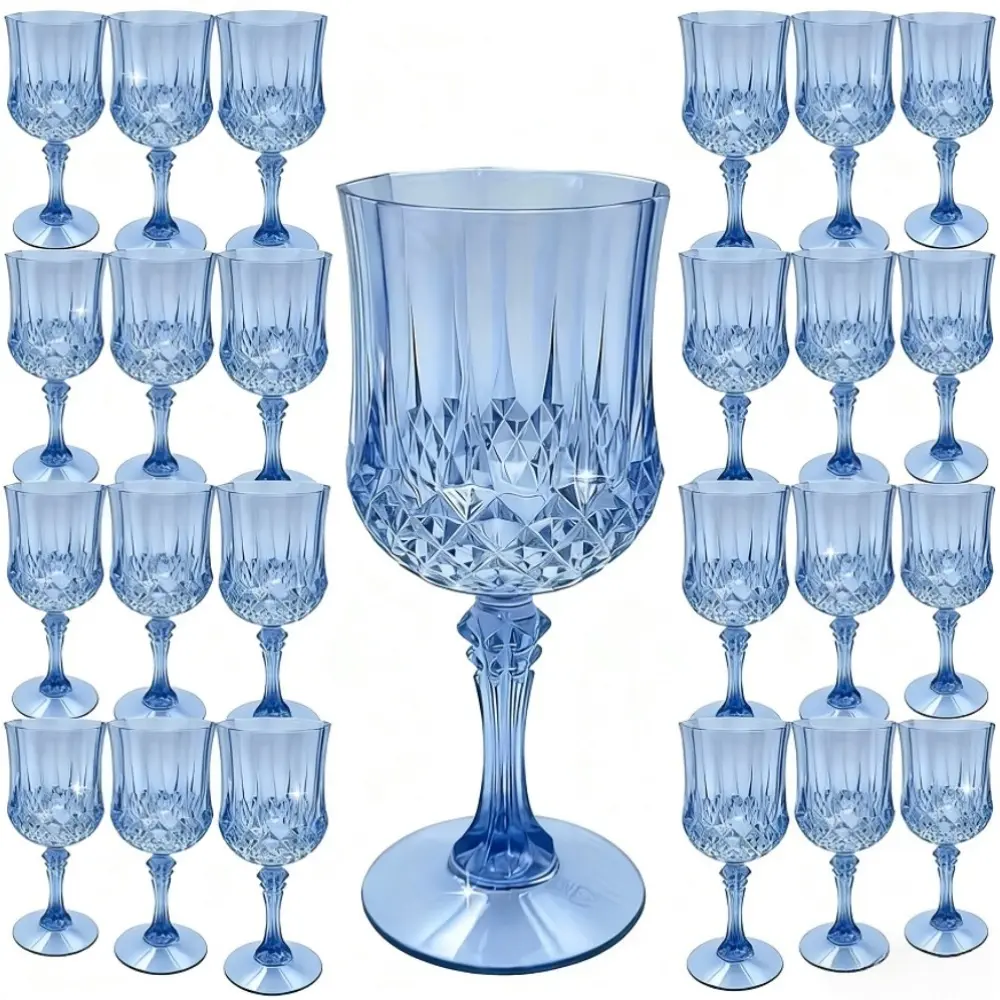 24-Pack Blue Plastic Wine Glasses Set - 7oz Vintage Champagne Flutes, Reusable Bulk Cups for Wedding (Wedding Props), Birthday Party (Party Decorations), Home & Camping Drinkware, Holiday Gift