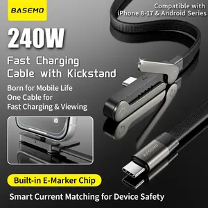 basemo Invisible Holder Charger Cable with Stand, 240w super fast charging 2-in-1 Fast Charging Cord & Phone Stand for Gaming, Office, Car Travel, Compatible with iPhone Samsung Type-C charging cable Black