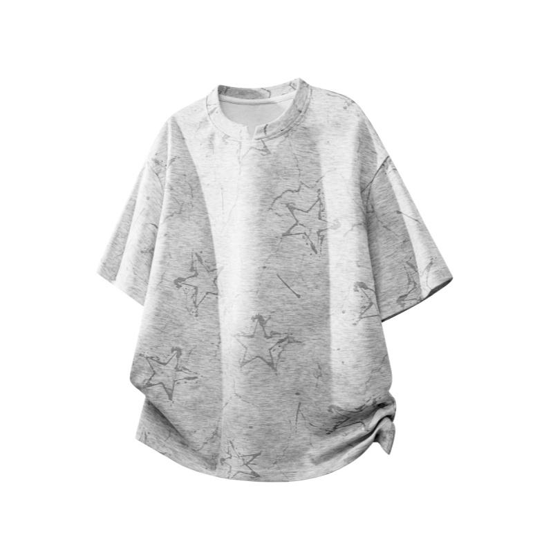 Men’s American tie-dye V-neck printed T-shirt with dropped shoulders and short sleeves; lightweight knit top for summer—breathable, trendy, versatile casual wear for everyday use and outdoor sports; Y2K style.