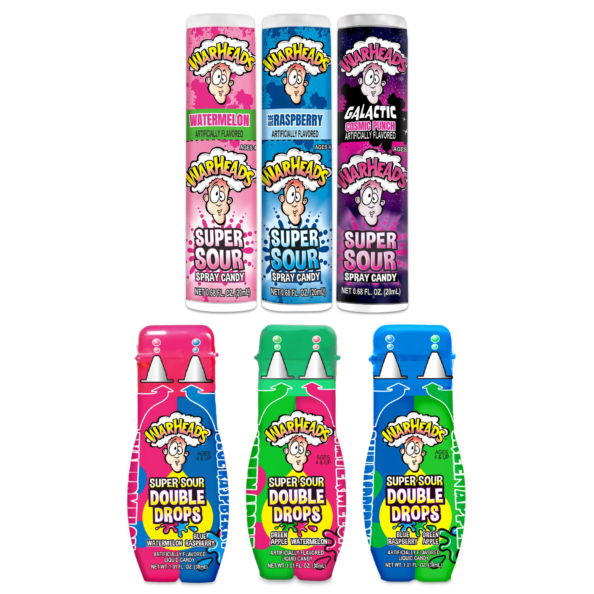 WARHEADS Super Sour Double Drops & Candy Spray Sampler - Assorted Fruity Flavored Liquid Candy - 6 Pack with 1 of Each - Blue Raspberry, Green Apple, Watermelon Flavors Snack Bonbon Sweet