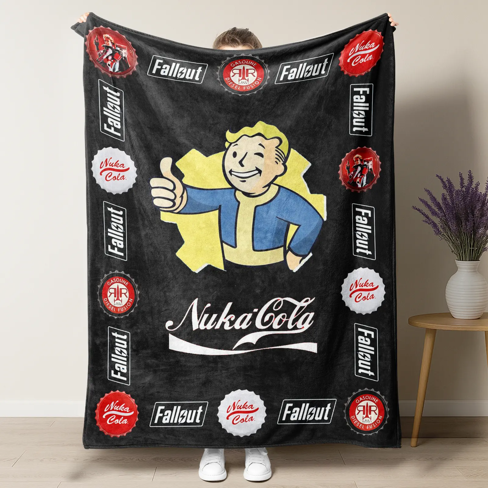 Fallout Vault Boy Nuka Cola Blanket – Retro Gaming Collage Design with Iconic Vault Boy, Nuka Cola & Red Rocket Logos, Perfect for Gamer Room Decor, Ideal Gift for Fallout Fans