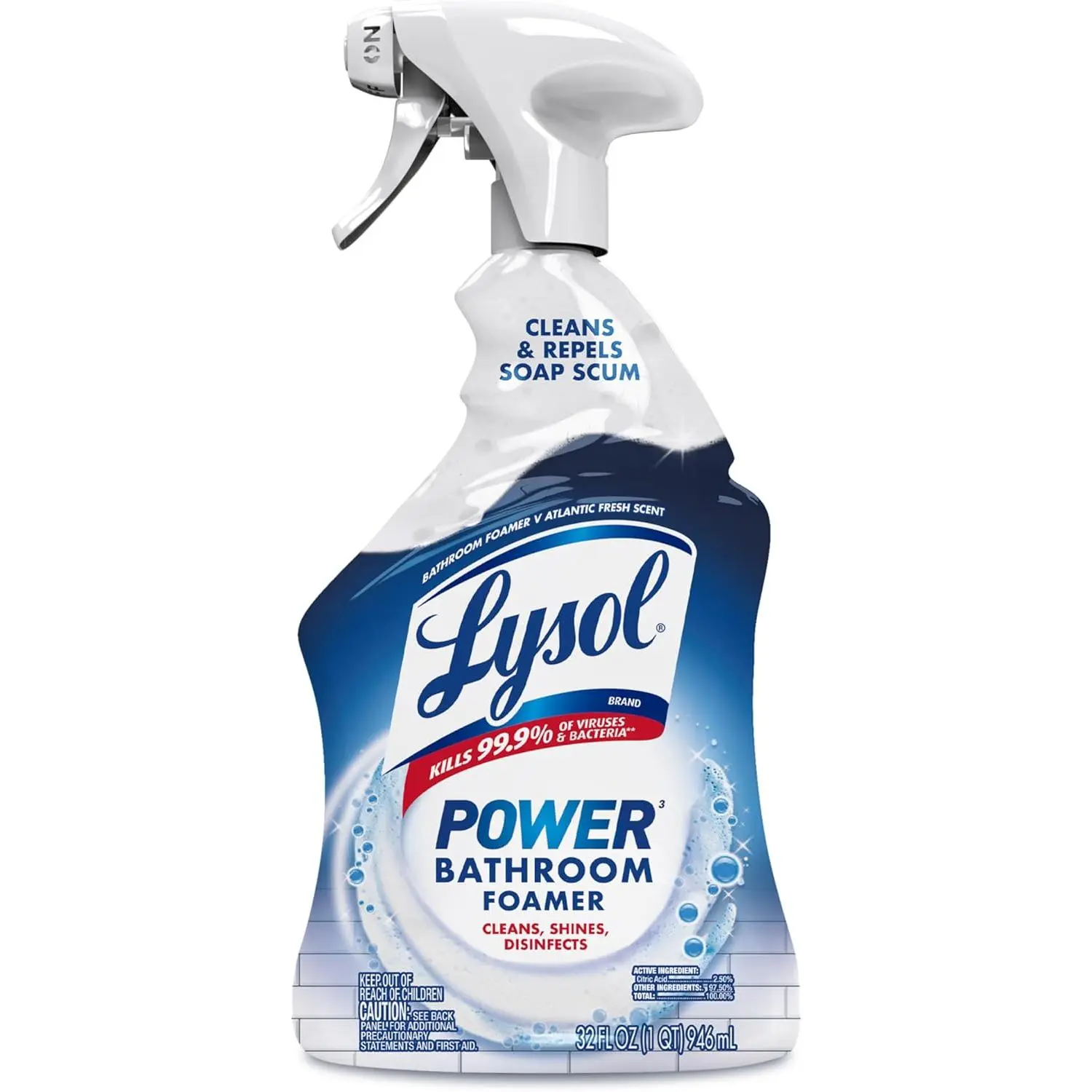 Lysol Power Foaming Bathroom Disinfectant Spray, Multipurpose Cleaner for Showers, Bathtubs, Sinks, Kills 99.9% of Germs, 0 Bleach Formula, 32 Oz.