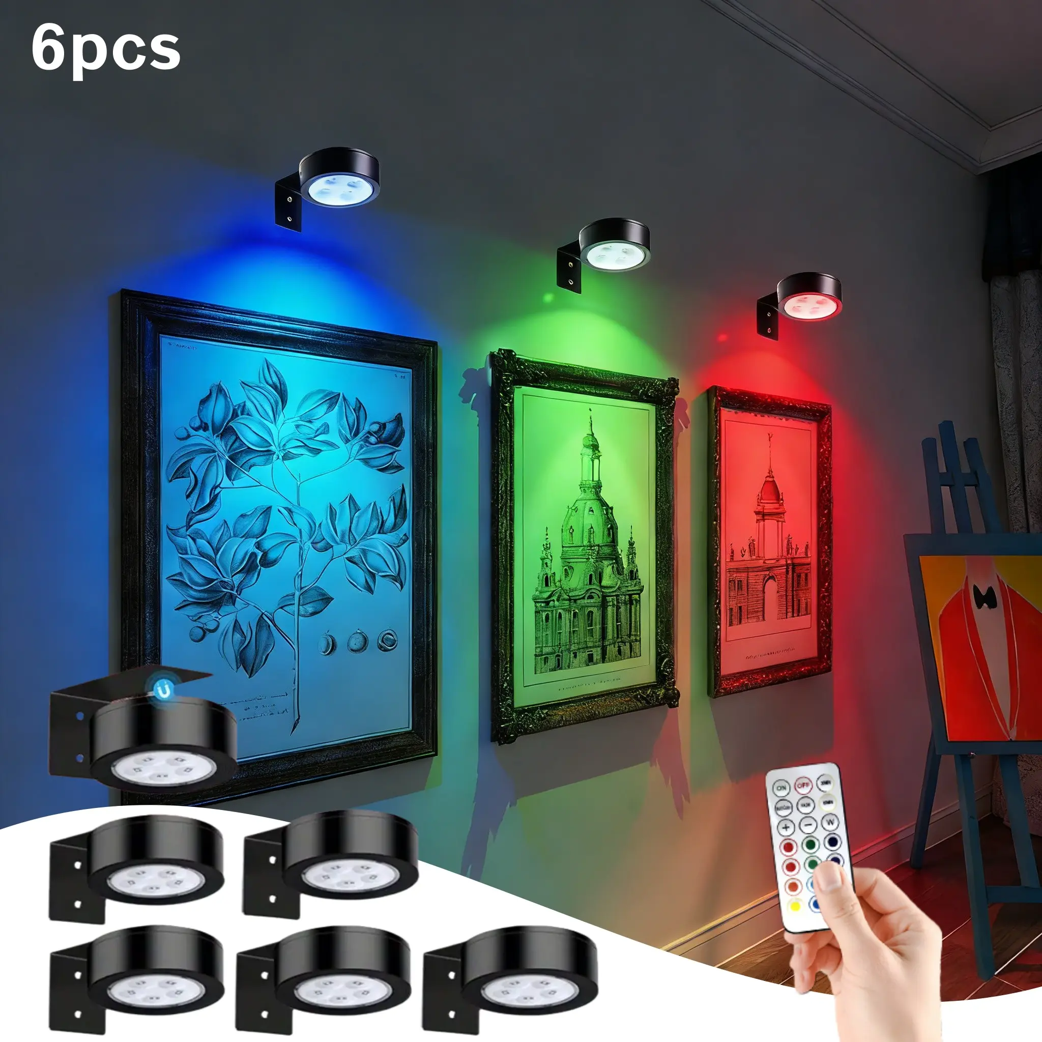 6 pieces LED wall painting lights, RGB LED lights powered by batteries, magnetic painting lights with remote control, home wall decoration, Decorative Lights & mood lighting, black, Dimmable RGB Light, Lighting Modes Adjustable, suitable for parties