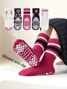 5 Pairs Kids Anti-Slip Floor Socks, Cartoon Letter Striped Round Neck Mid-Calf Socks, Durable Breathable Cute Socks for All Seasons